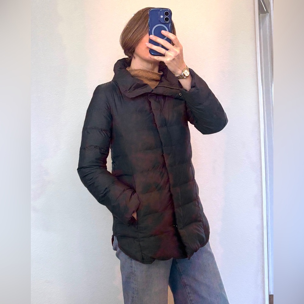 Eileen Fisher XS Gray Down Puffer Jacket High Collar Lightweight Minimalist